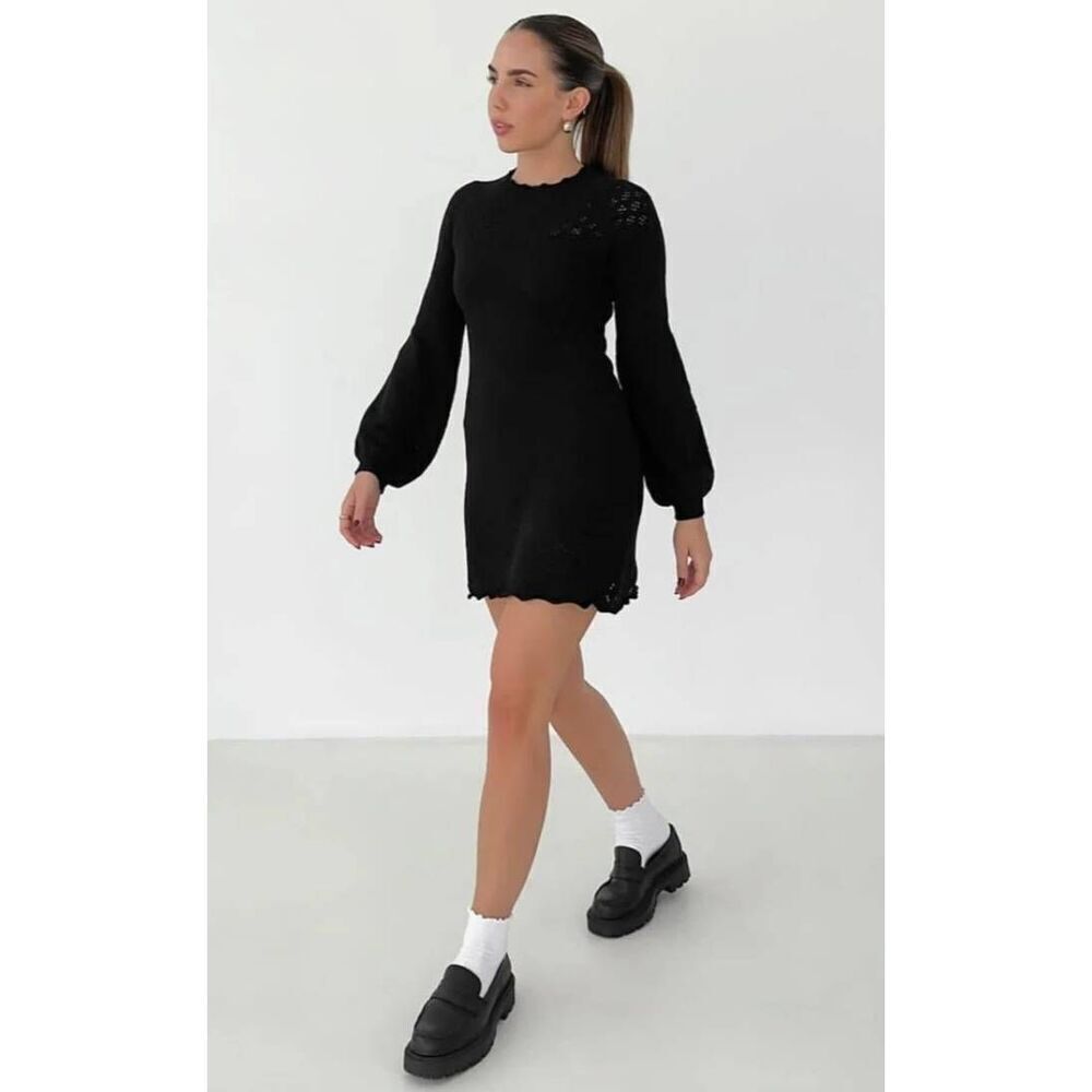 Rumored Vermont Balloon Sleeve High Neck Lettuce Hem Mini Sweater Dress in Black